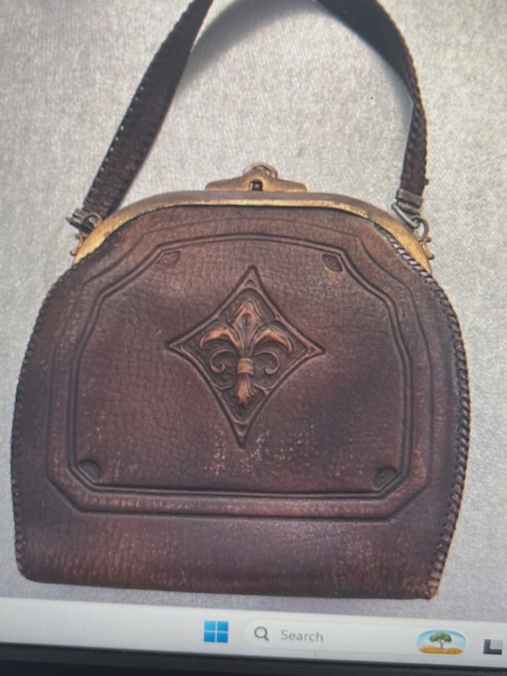 Vintage Brown Leather Fleur-de-Lis Shoulder Bag